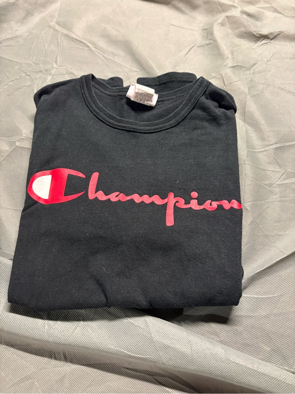 Champion mens Black Tee with Red Script Logo